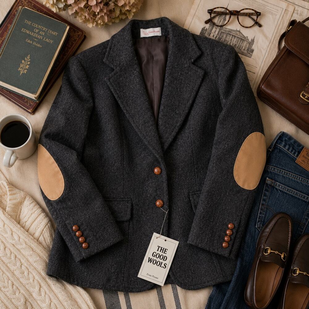 NWT Vintage Evan Picone Wool Tweed Blazer Elbow Patches USA Dark Academia